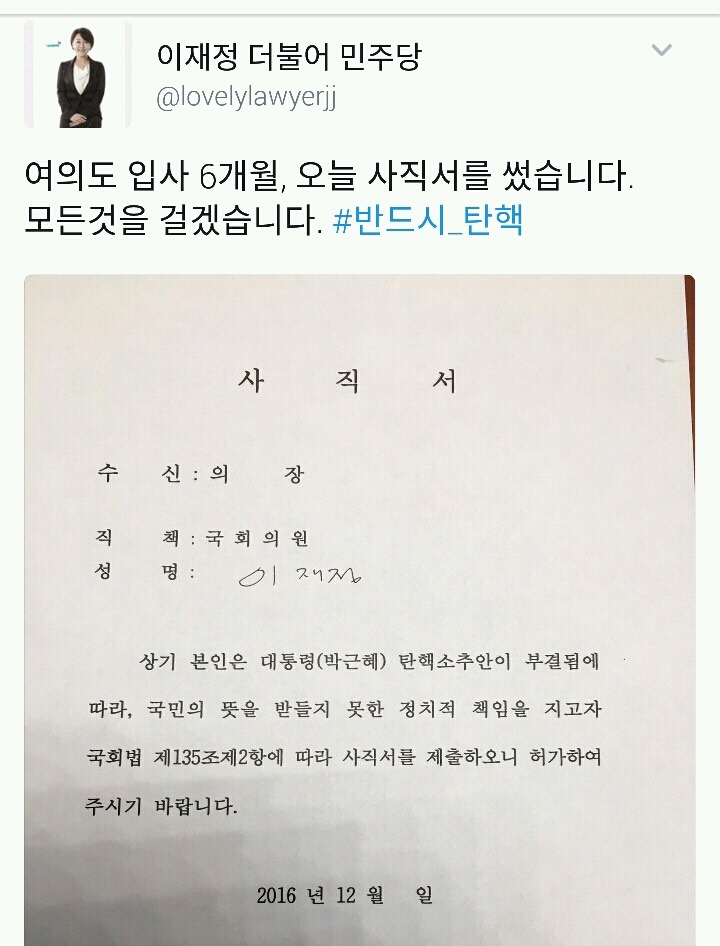 탄핵 표결 앞두고 사직서 작성해둔 더불어민주당 전체 의원들 | 인스티즈
