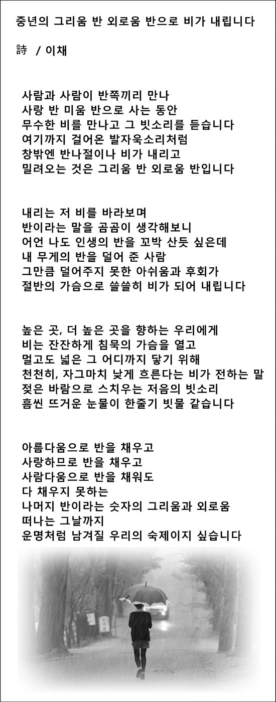 비가 오면 중년의 가슴에도 비가 내리네, 등 중년 비에 관한 시 7편/ 이채시인