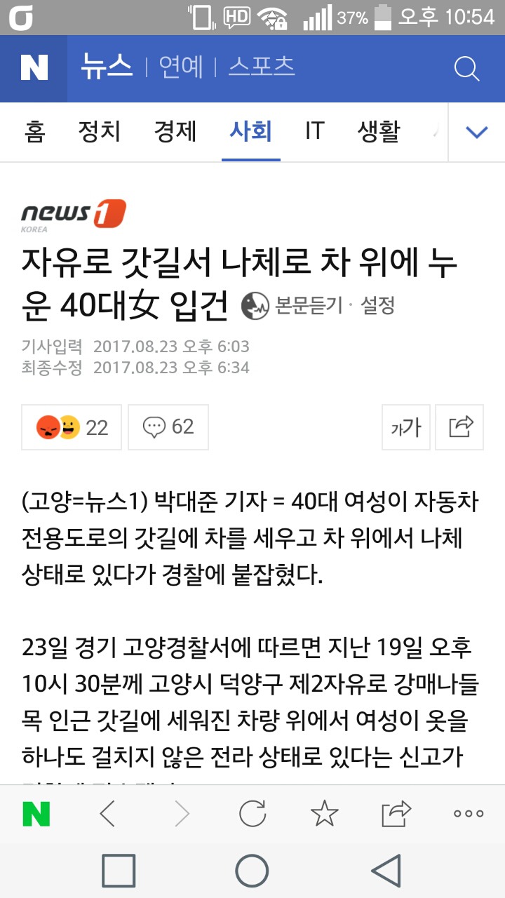 자유로 갓길서 나체로 차 위에 누운 40대女 입건 | 인스티즈